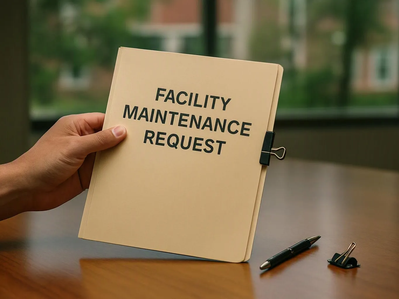 A hand holds a folder labeled "FACILITY MAINTENANCE REQUEST" beside a pen on a wooden table