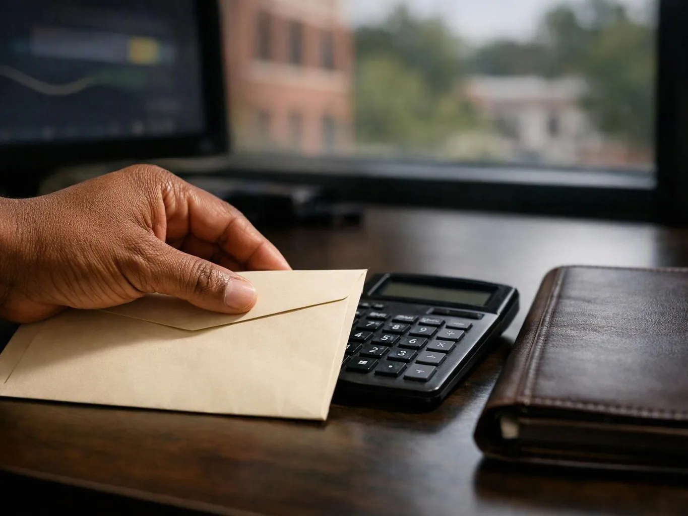 A hand holds a sealed envelope beside a calculator and a closed leather planner on a desk