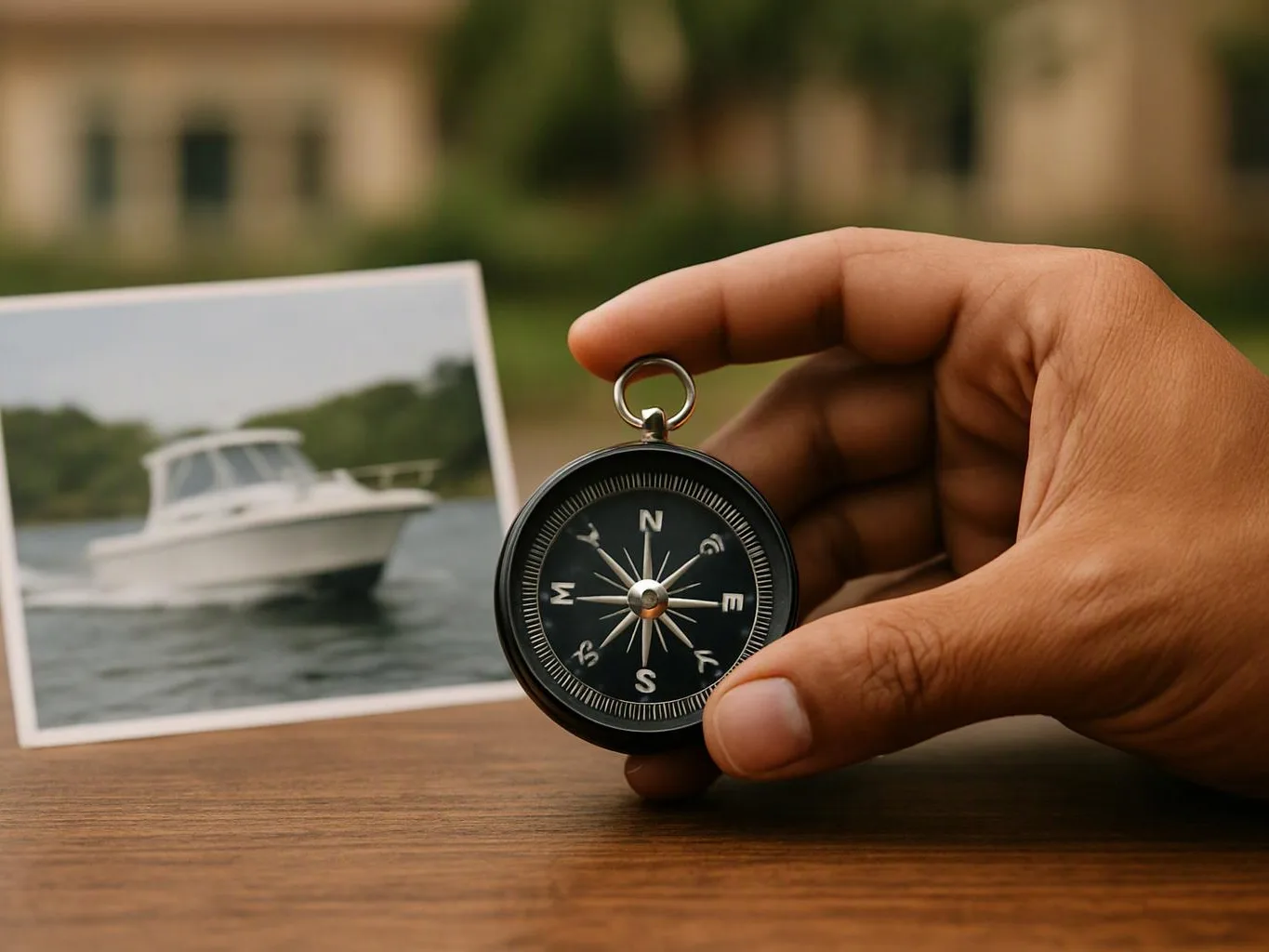A hand holds a small compass beside a blurred photo of a boat on the water