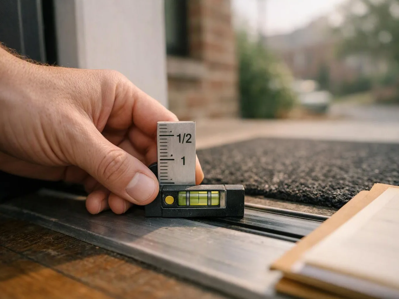 A hand holds a small ruler and level against a door threshold beside a dark mat, with a blurred house exterior behind
