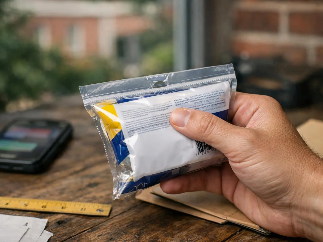 A hand holds a small sealed package over a wooden table with a ruler, calculator, and envelope nearby
