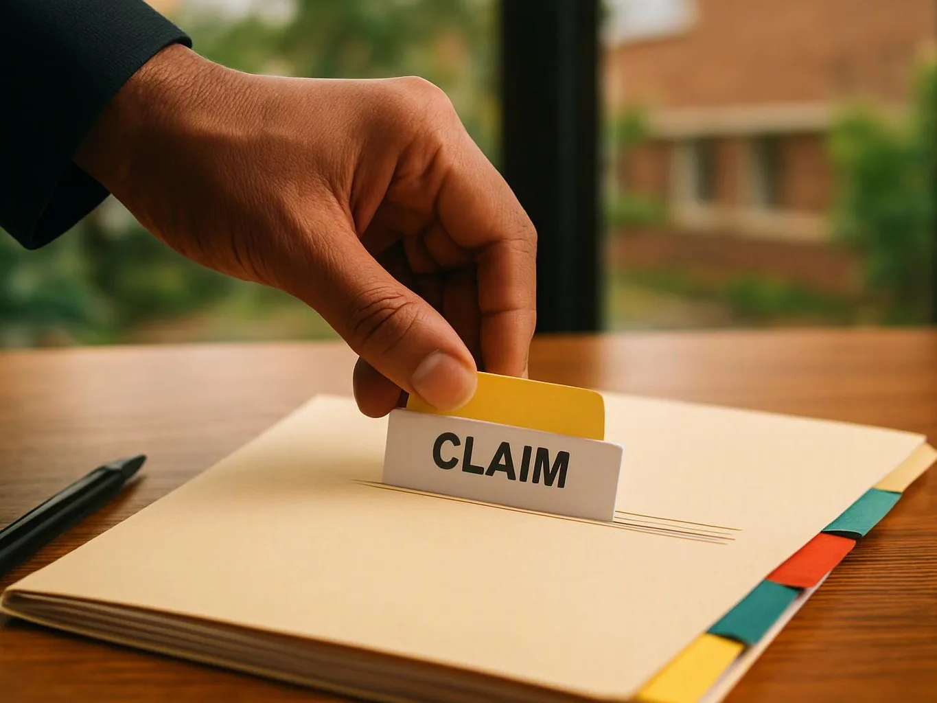 A hand inserts a yellow tab labeled claim into a paper folder on a wooden table