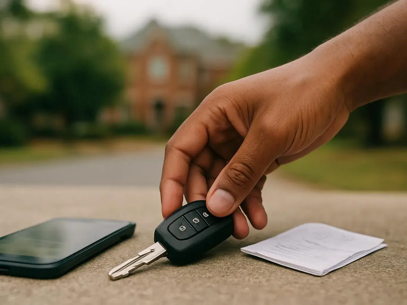 A hand picks up a car key fob beside a phone and papers on a driveway