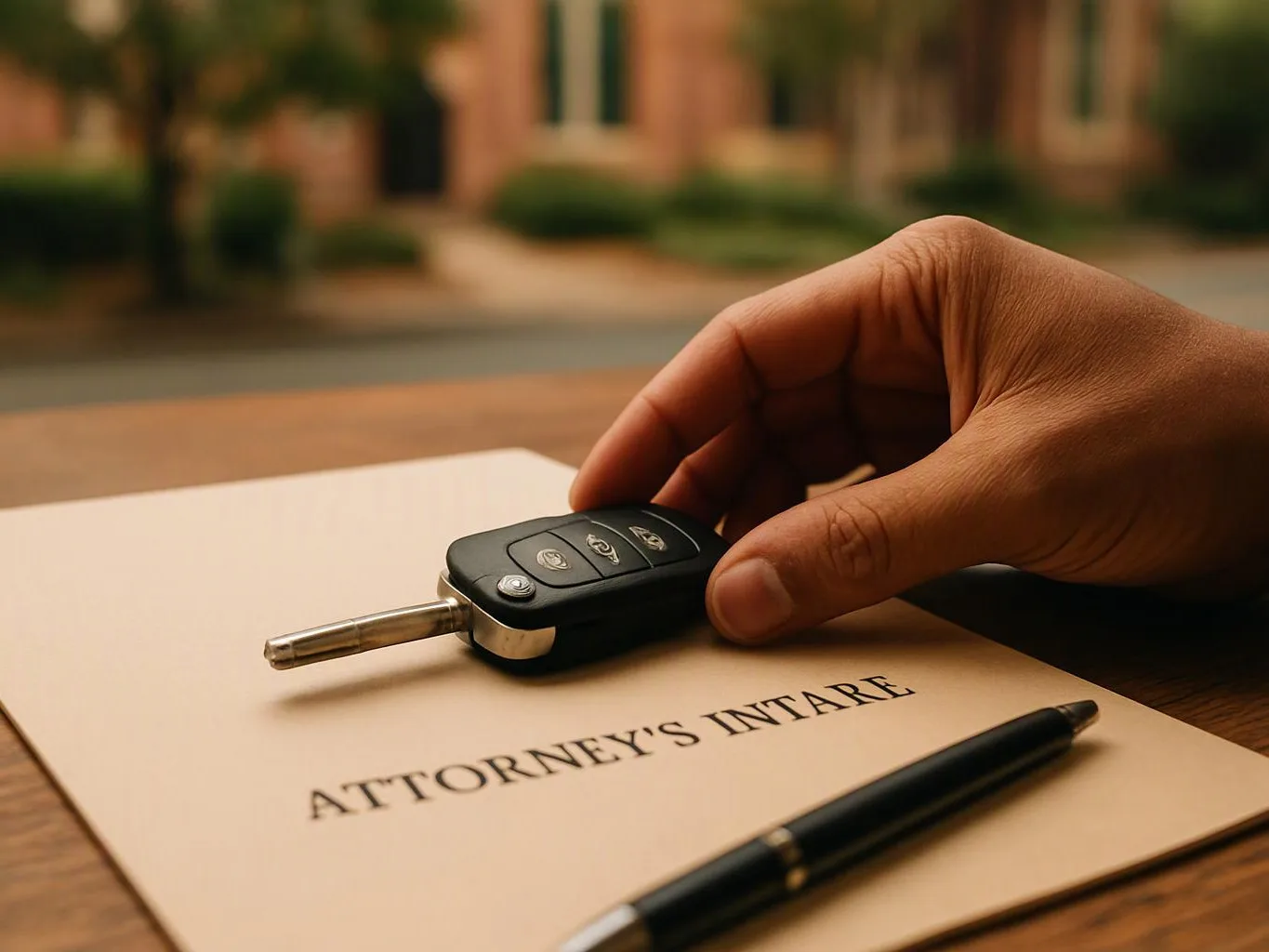 A hand places a car key fob on a folder labeled “ATTORNEY’S INTARE” beside a pen on a table