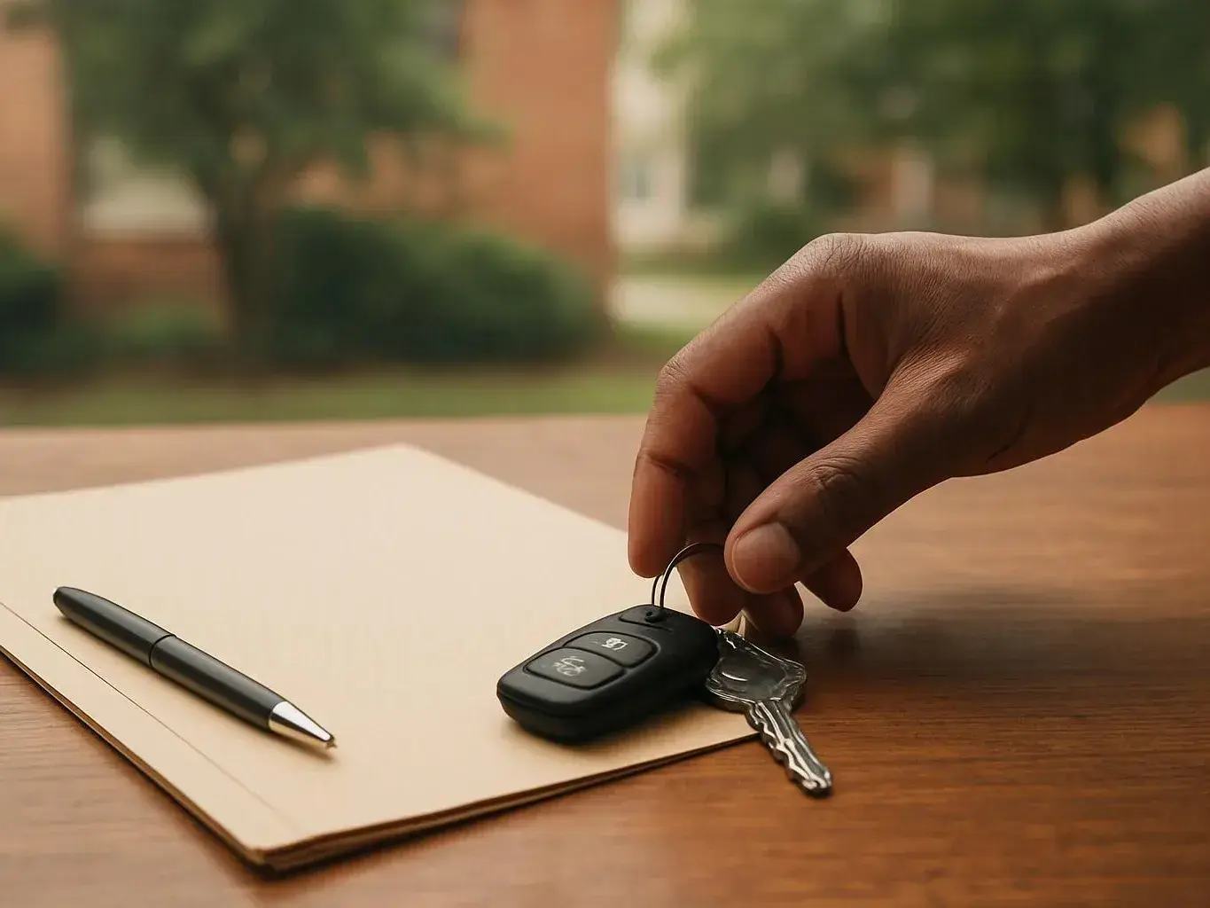 A hand places a car key fob and key beside a pen and folder on a wooden table