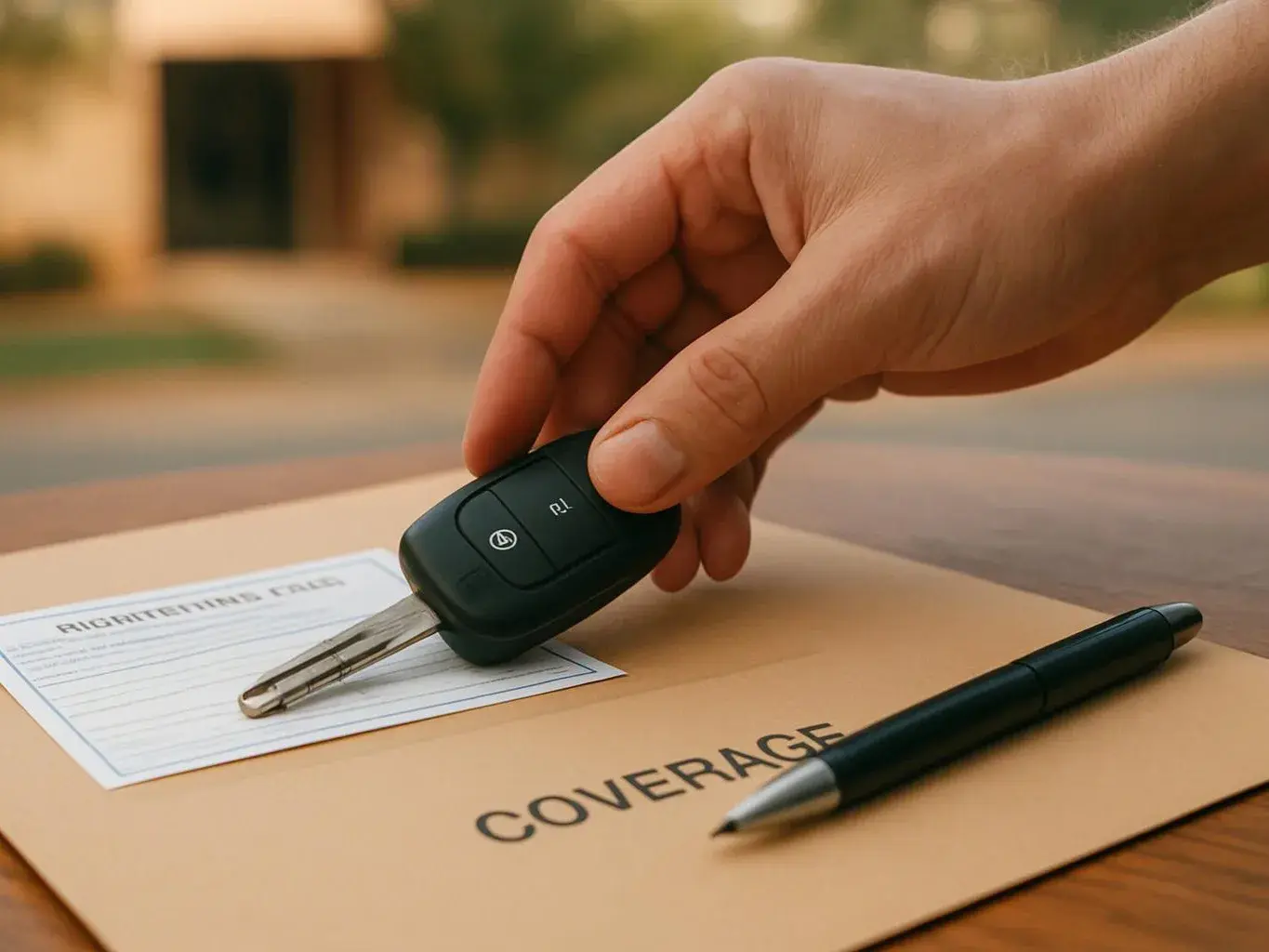 A hand places a car key over a labeled folder beside a pen on a table