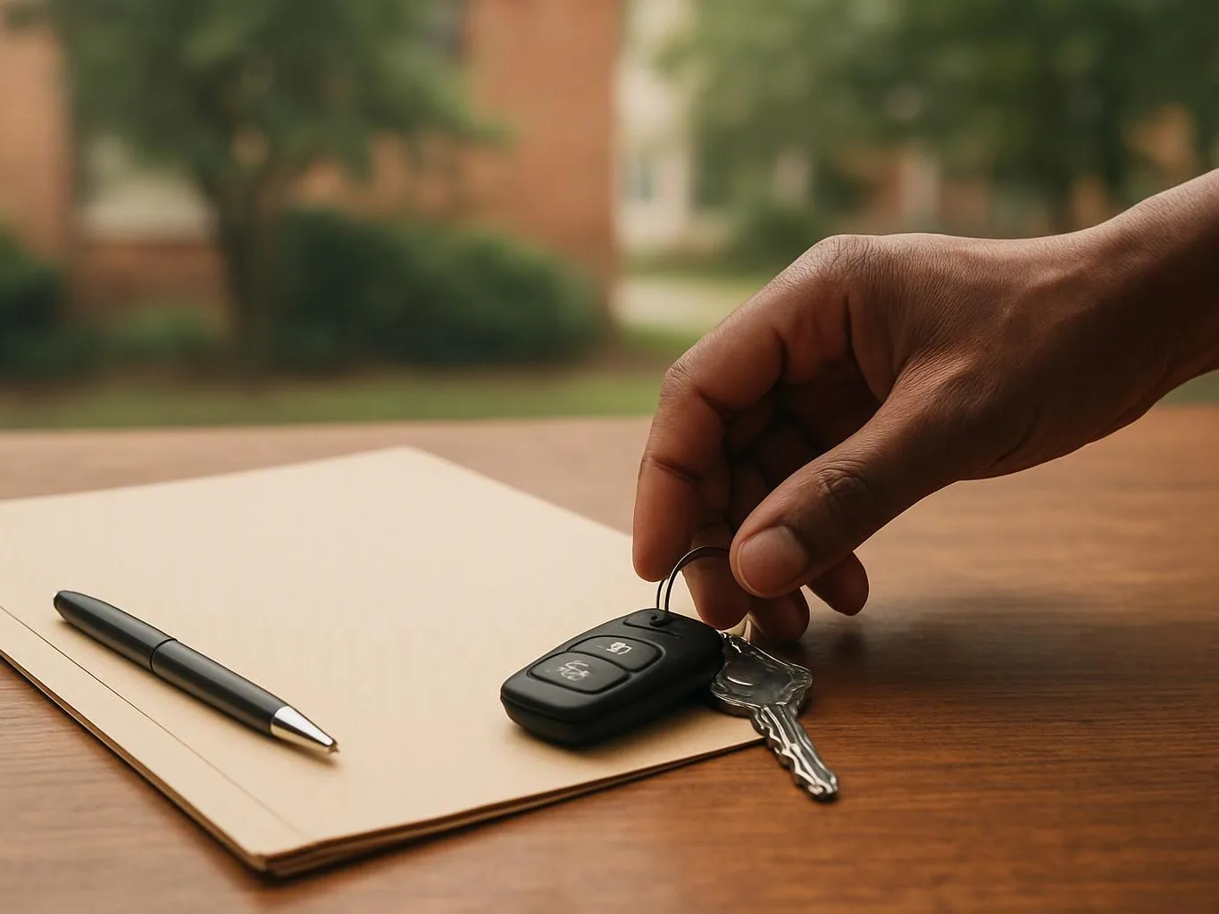 A hand places car keys beside a pen and folder on a wooden table outdoors