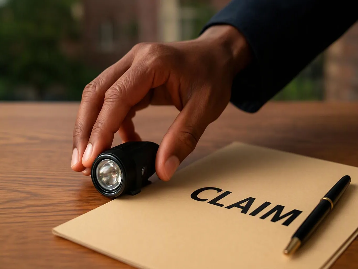 A hand places a small flashlight beside a claim form on a wooden table