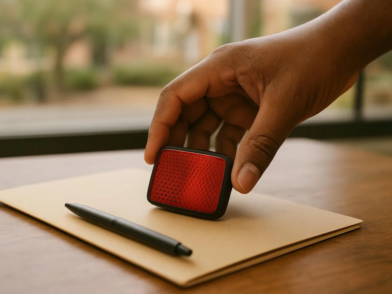 A hand places a small red stamp on paper beside a black pen on a wooden table