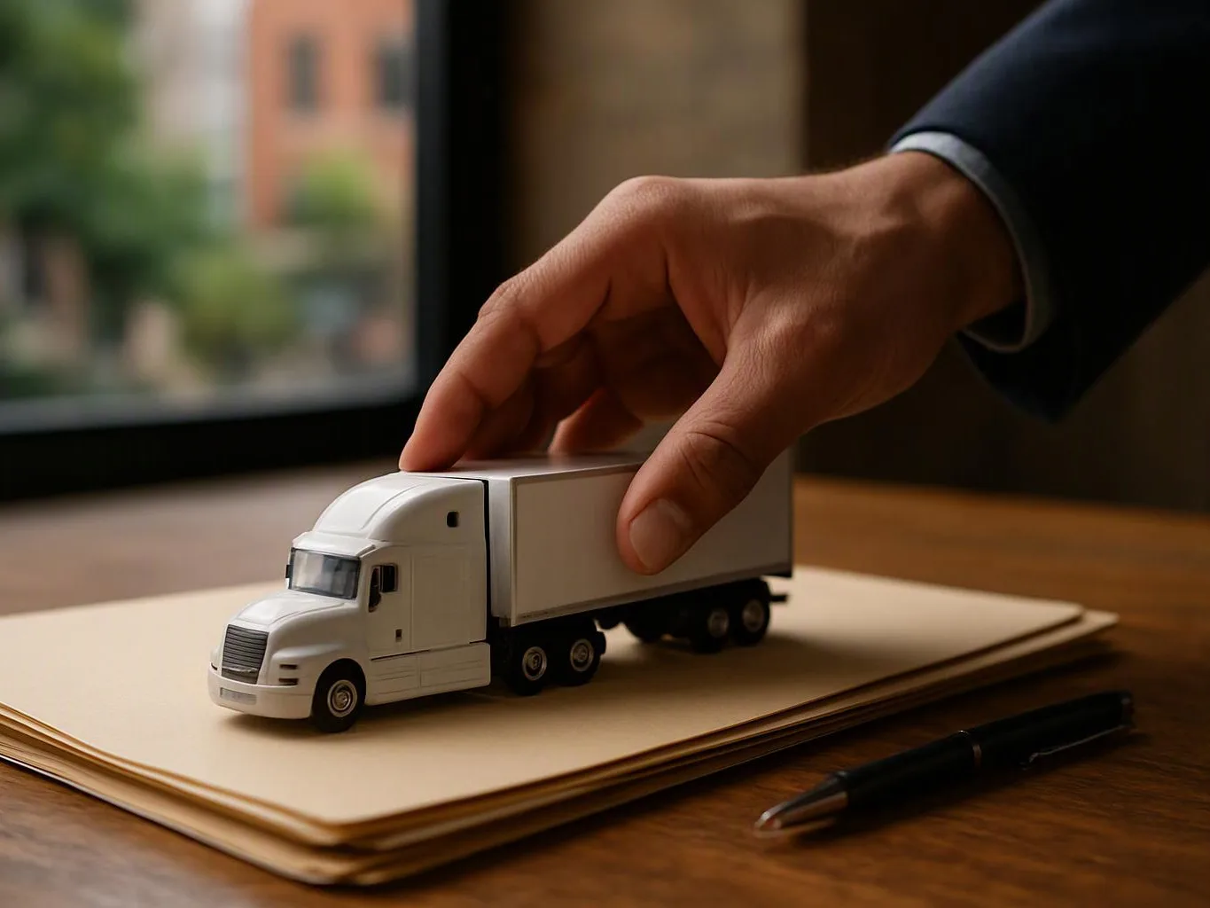 A hand places a small white toy truck on stacked paper beside a black pen