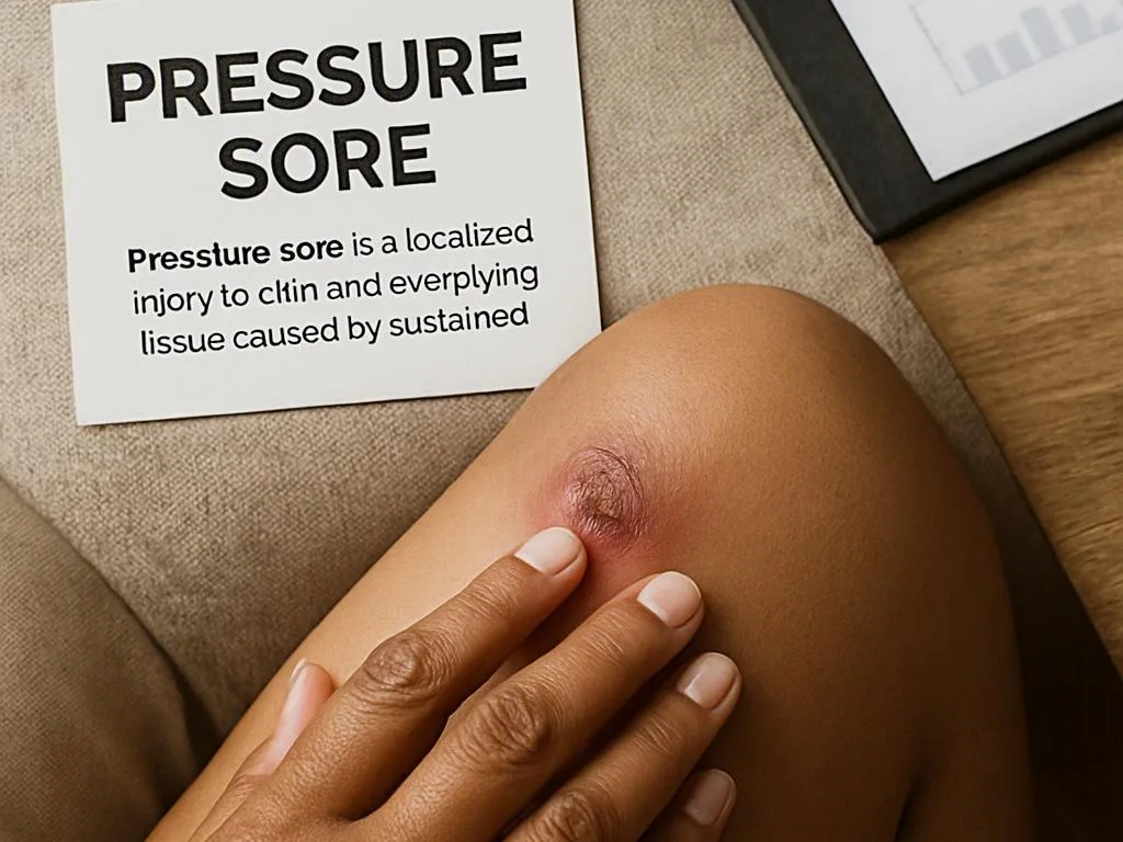 A hand presses a sore knee beside a card labeled “PRESSURE SORE” on a couch