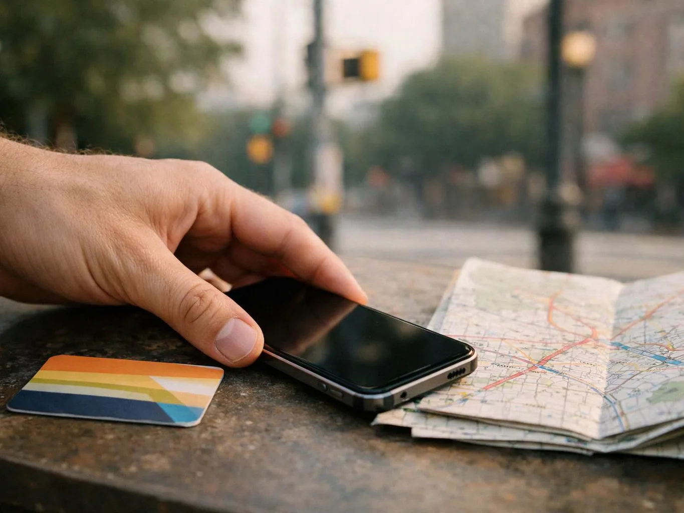 A hand reaches for a smartphone beside a folded map and colorful card on a stone table outdoors