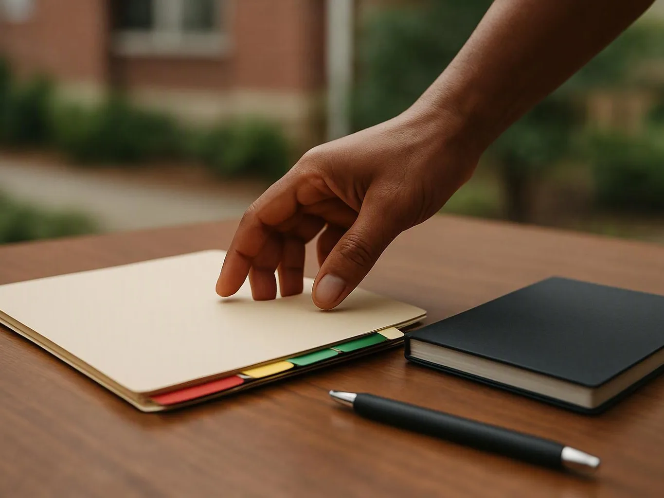 A hand reaches toward a blank notebook with colored tabs beside a pen and a closed black notebook on a wooden table