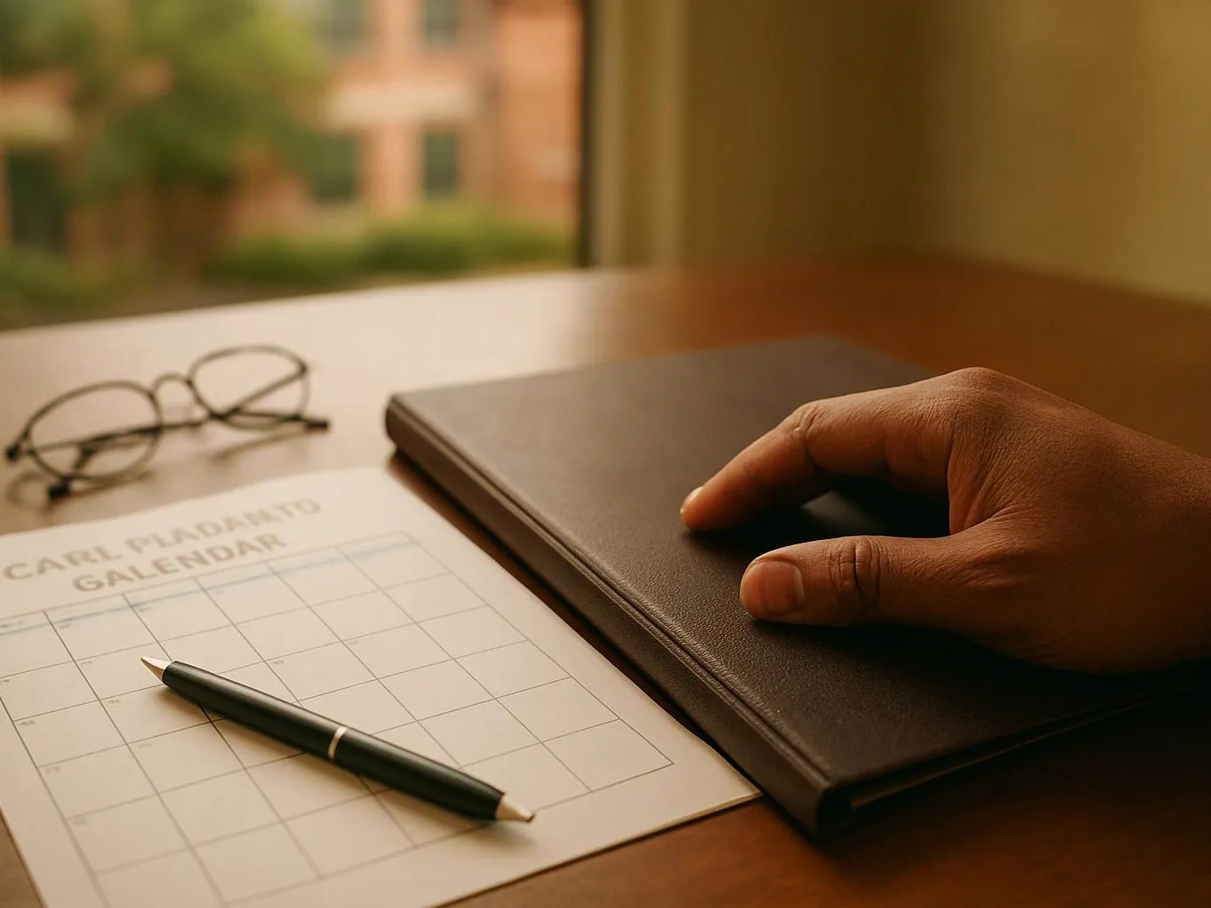 A hand rests on a closed black notebook beside a calendar page, pen, and eyeglasses on a wooden desk