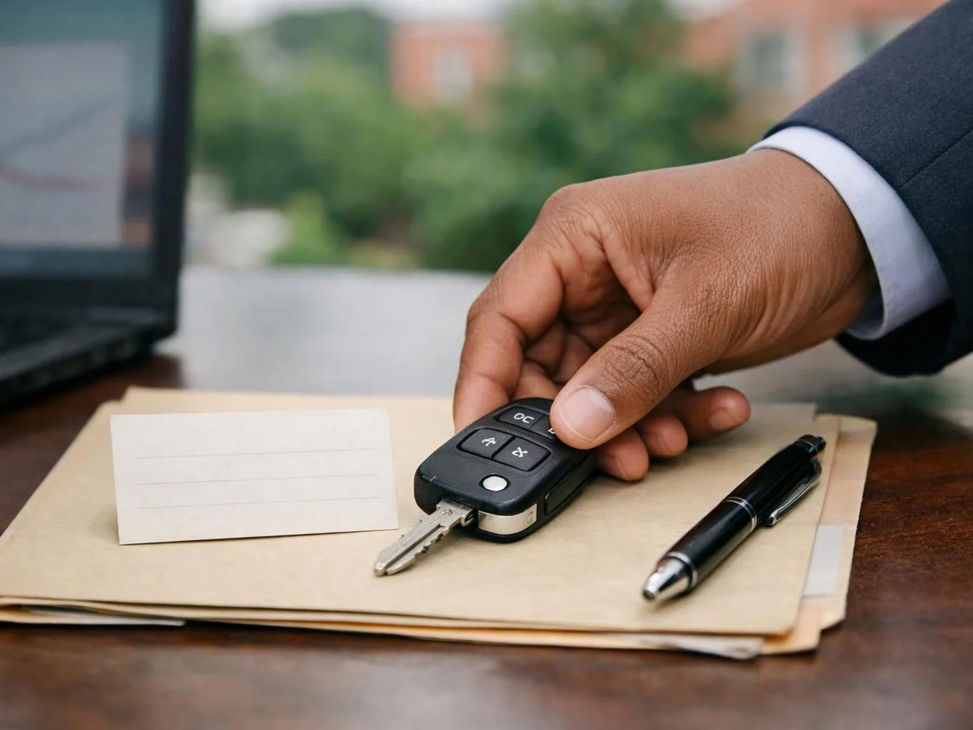A hand in a suit holds a car key fob on a folder beside a pen and blank card