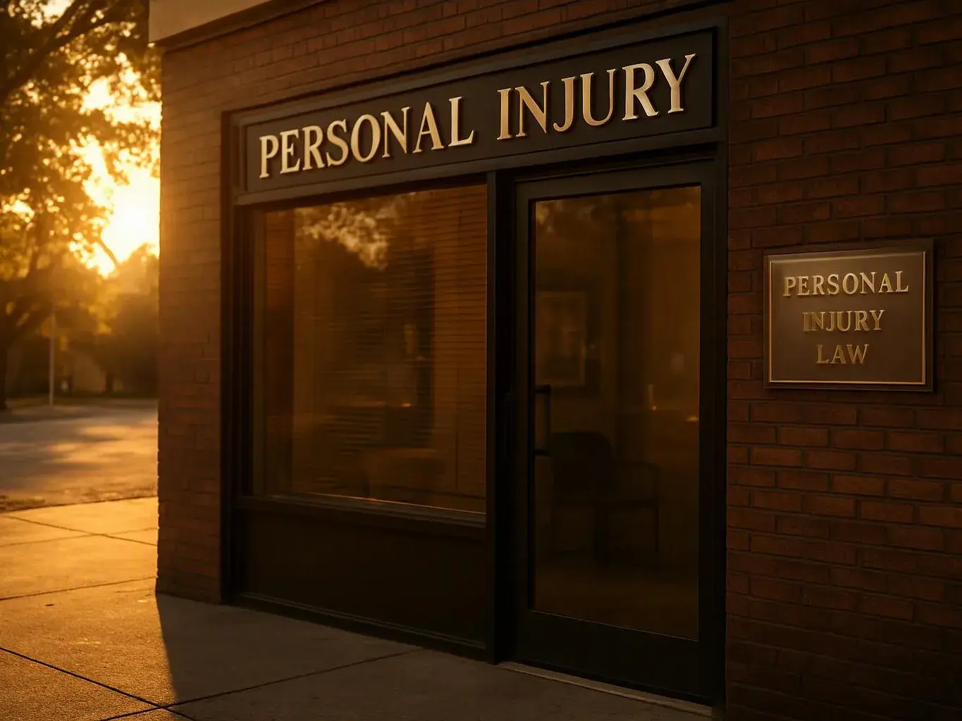 Brick office entrance with a glass door and signs reading "PERSONAL INJURY" and "PERSONAL INJURY LAW" at sunset