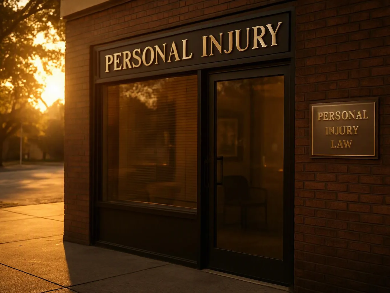 Sunlit brick storefront with a glass door and signs reading “PERSONAL INJURY” and “PERSONAL INJURY LAW”