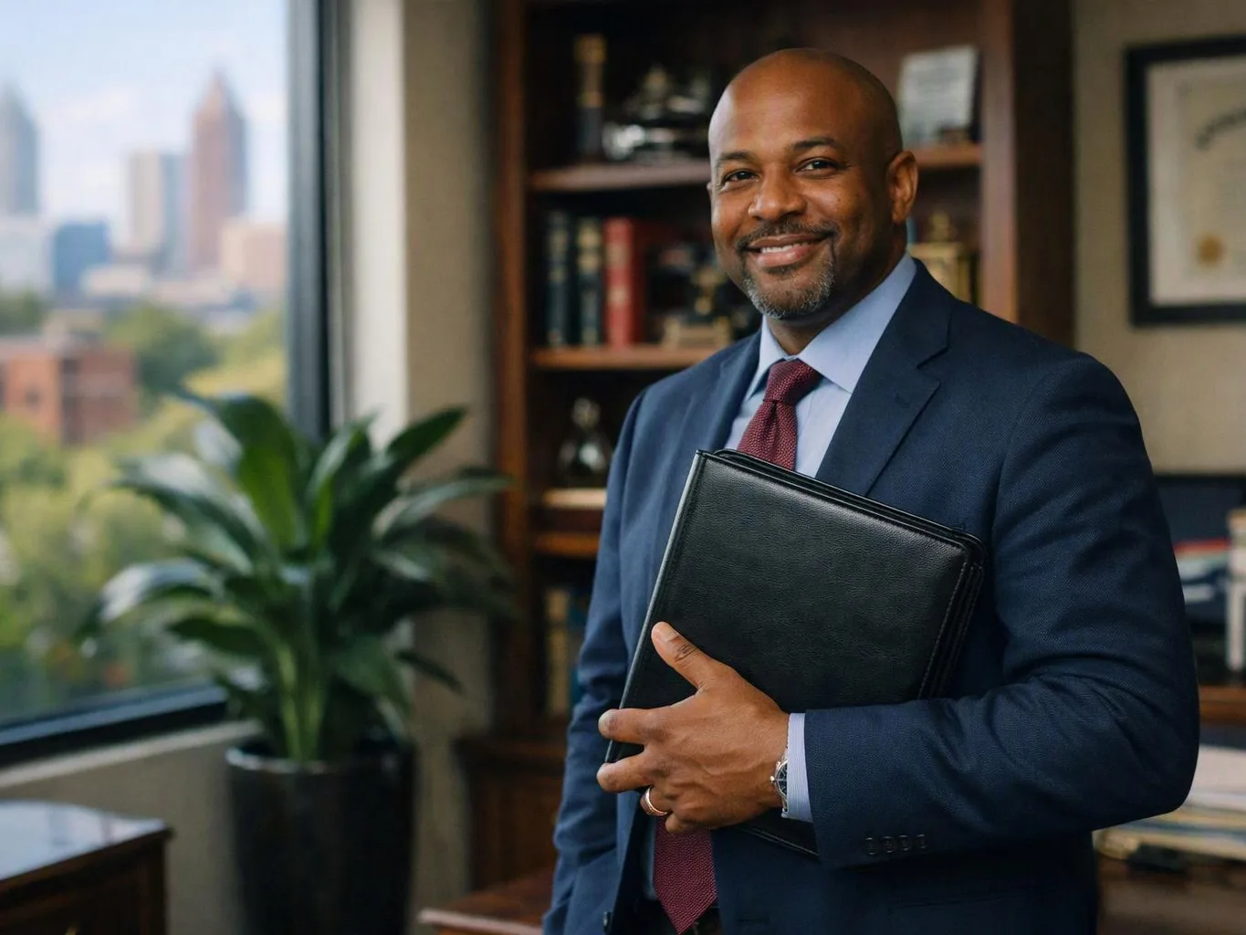 A smiling man in a navy suit holds a black portfolio in an office with a window and bookshelf