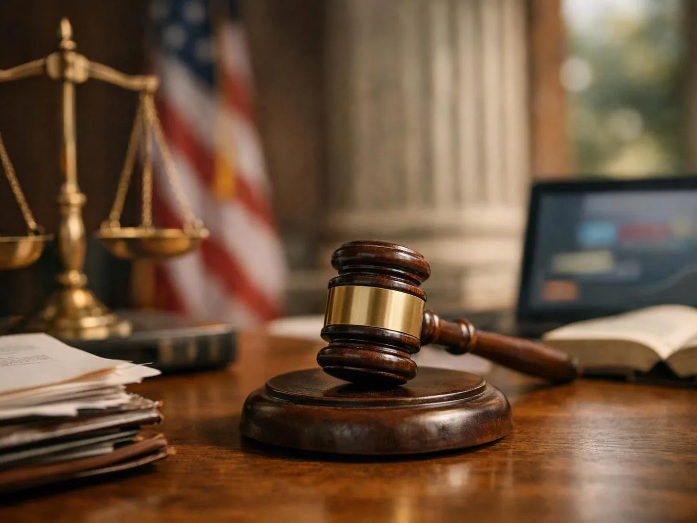 A judge’s gavel rests on a wooden desk beside scales, papers, an open book, and a blurred flag
