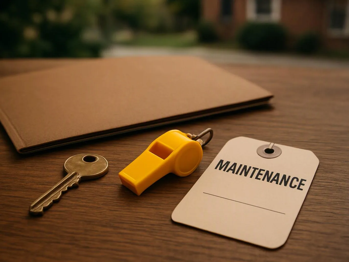 A key, yellow whistle, and maintenance tag sit on a wooden table beside a brown folder