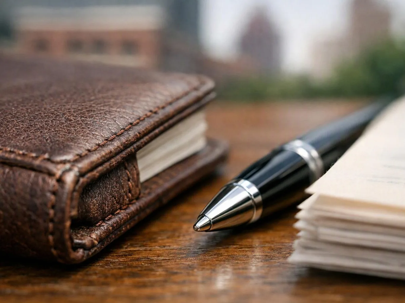 A leather notebook, a black pen, and a stack of papers rest on a wooden desk