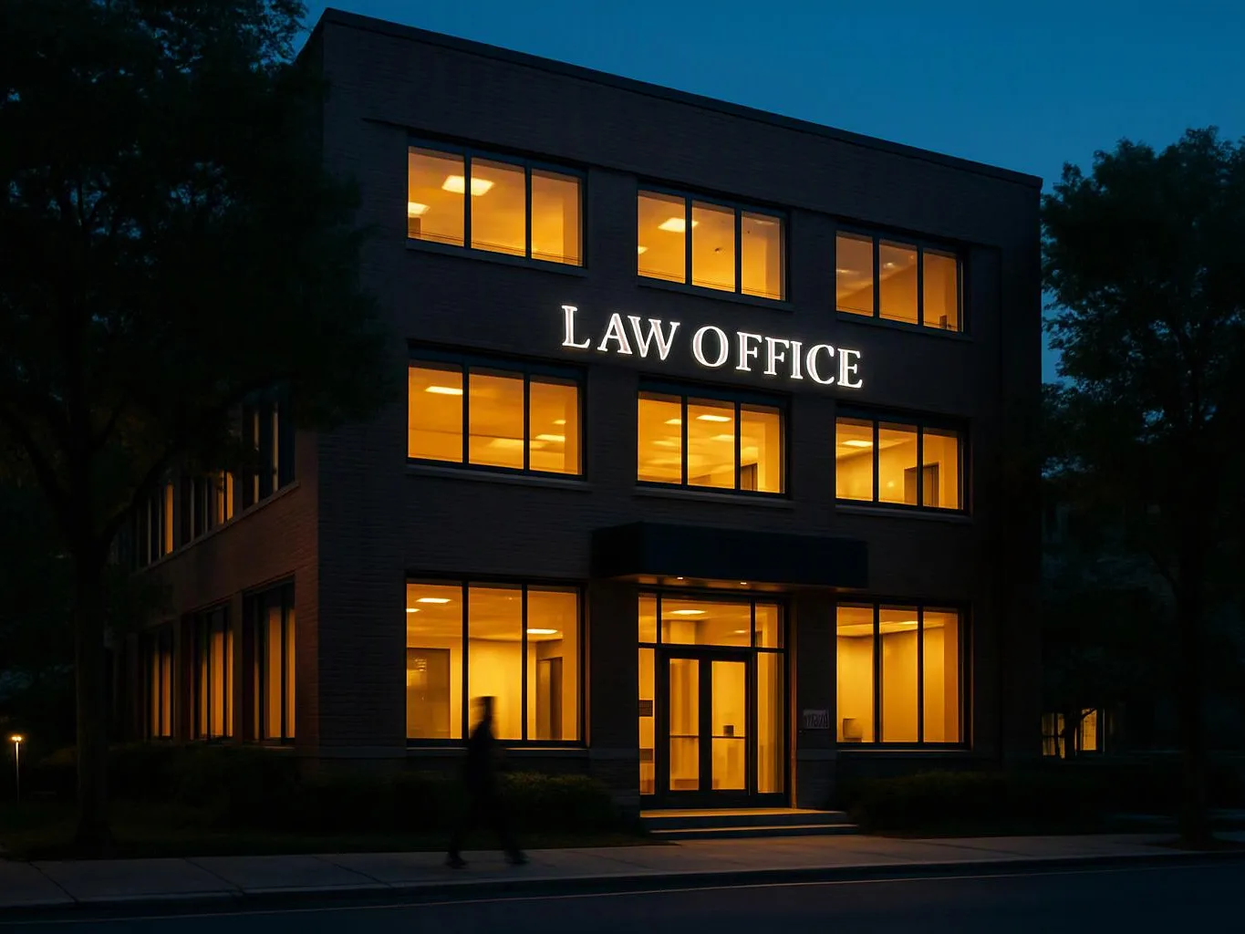 A lit office building at dusk shows a glowing “ ” sign above the entrance