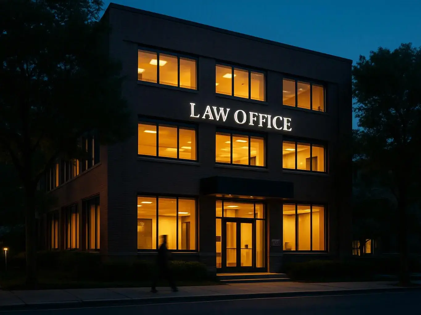 A lit office building at night shows glowing windows, a front entrance, and the sign “LAW OFFICE”