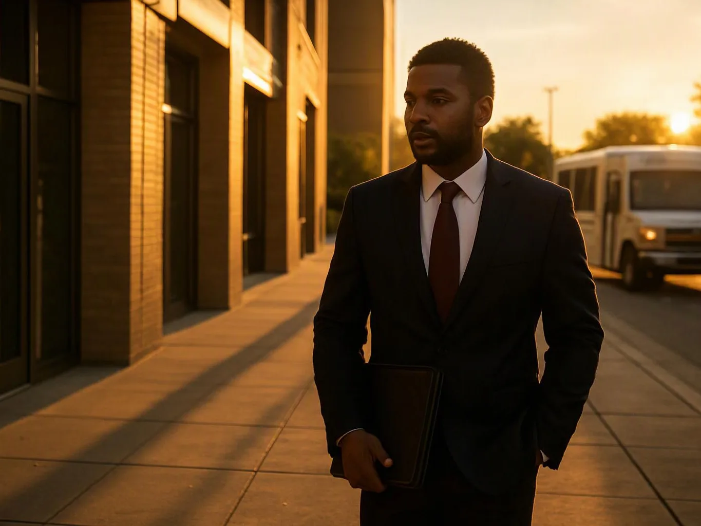 A man in a dark suit walks beside a building at sunset, holding a folder