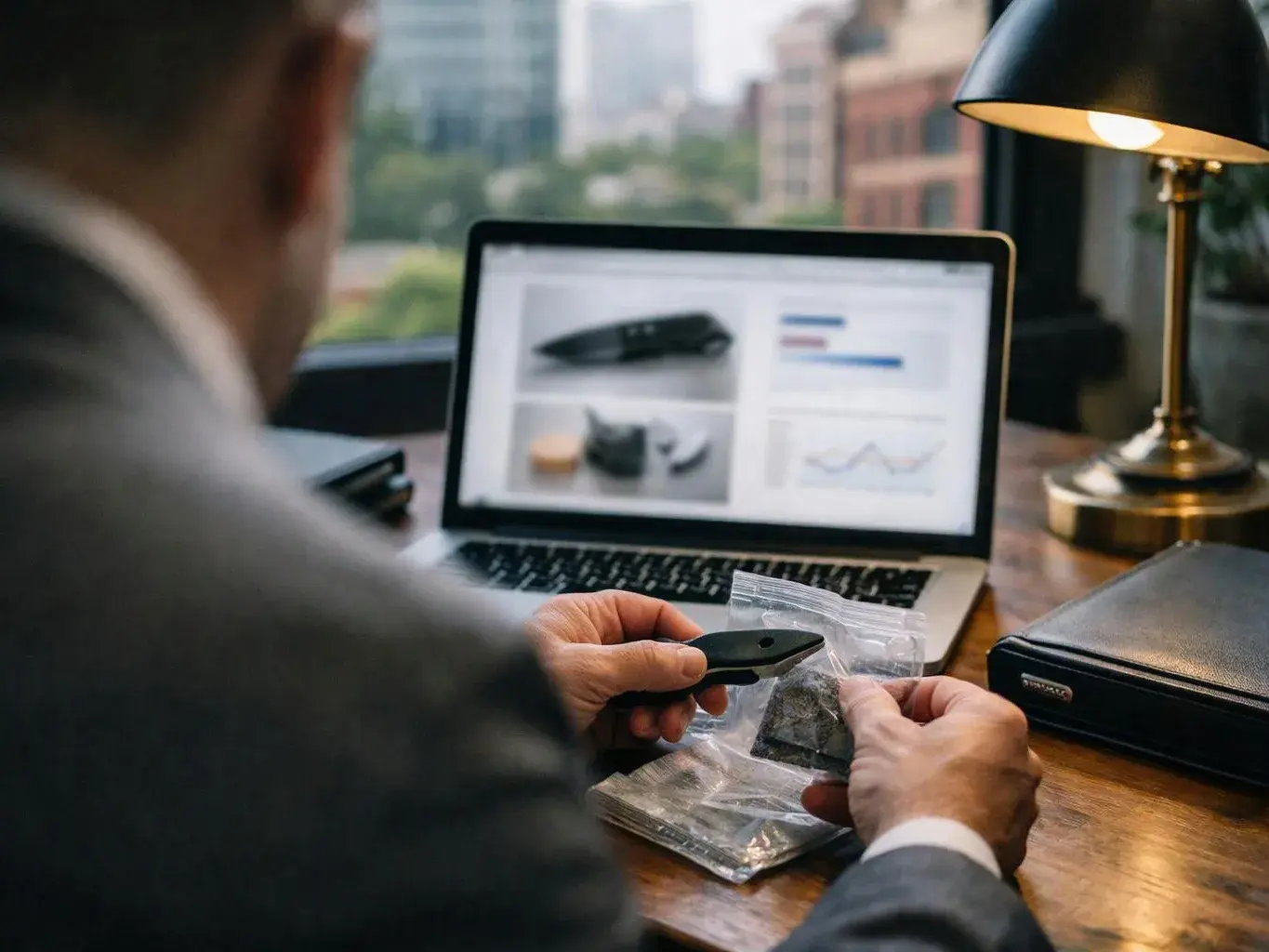 A man at a desk inspects a small black tool and plastic bags beside a laptop and lamp