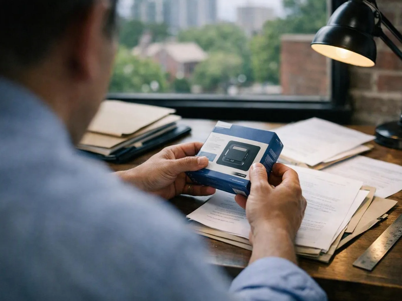 A man at a desk studies a blue product box beside papers and a lit desk lamp