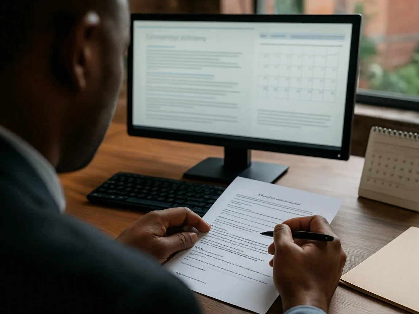 A man reviews a printed form at his desk while a computer screen shows a calendar and text