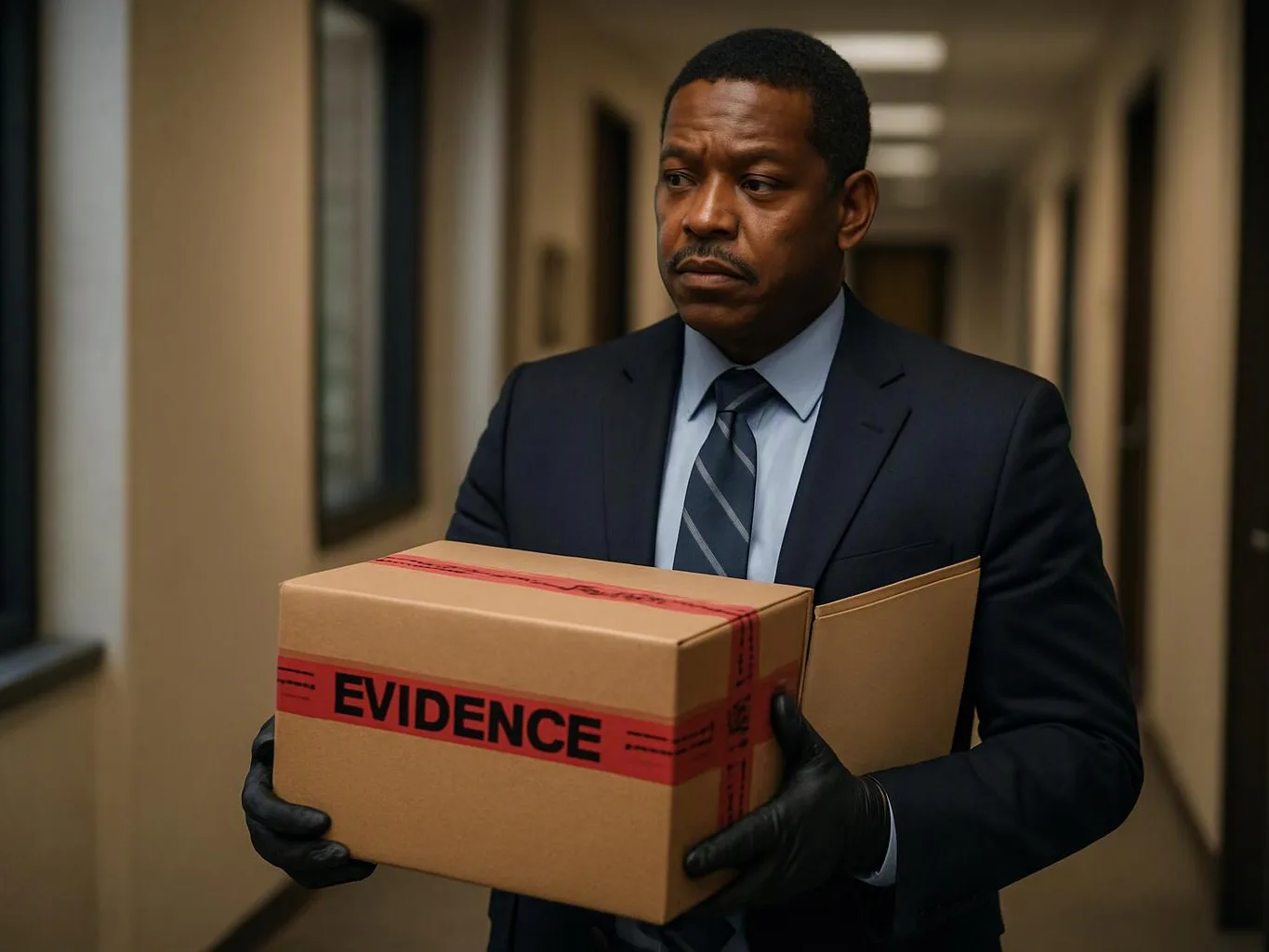 A man in a suit carries a cardboard evidence box down a quiet hallway