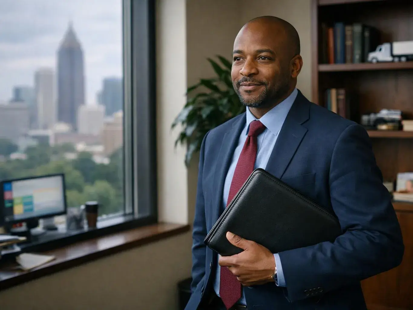 A man in a suit holds a black portfolio in an office by a window with a city view