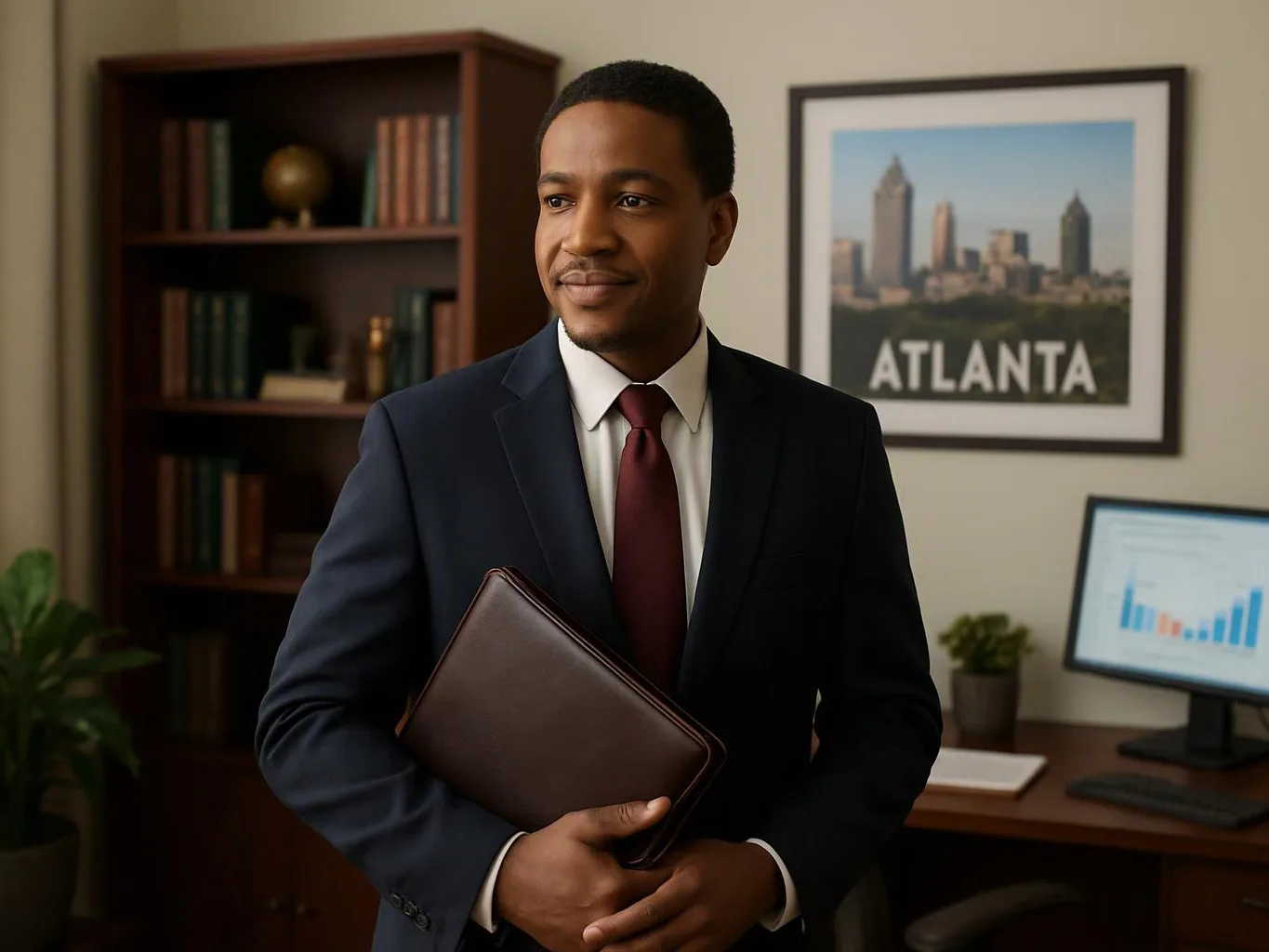 A man in a suit holds a brown portfolio in an office with bookshelves, a desk, and a city poster