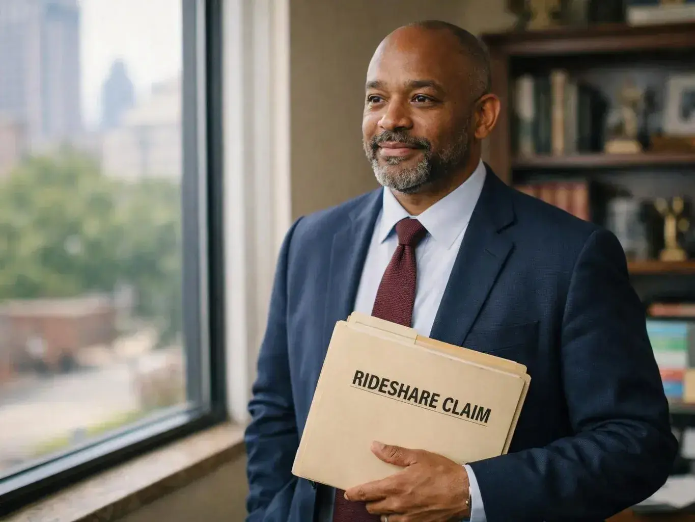 A man in a suit holds a folder labeled “RIDESHARE CLAIM” beside a window and bookshelf