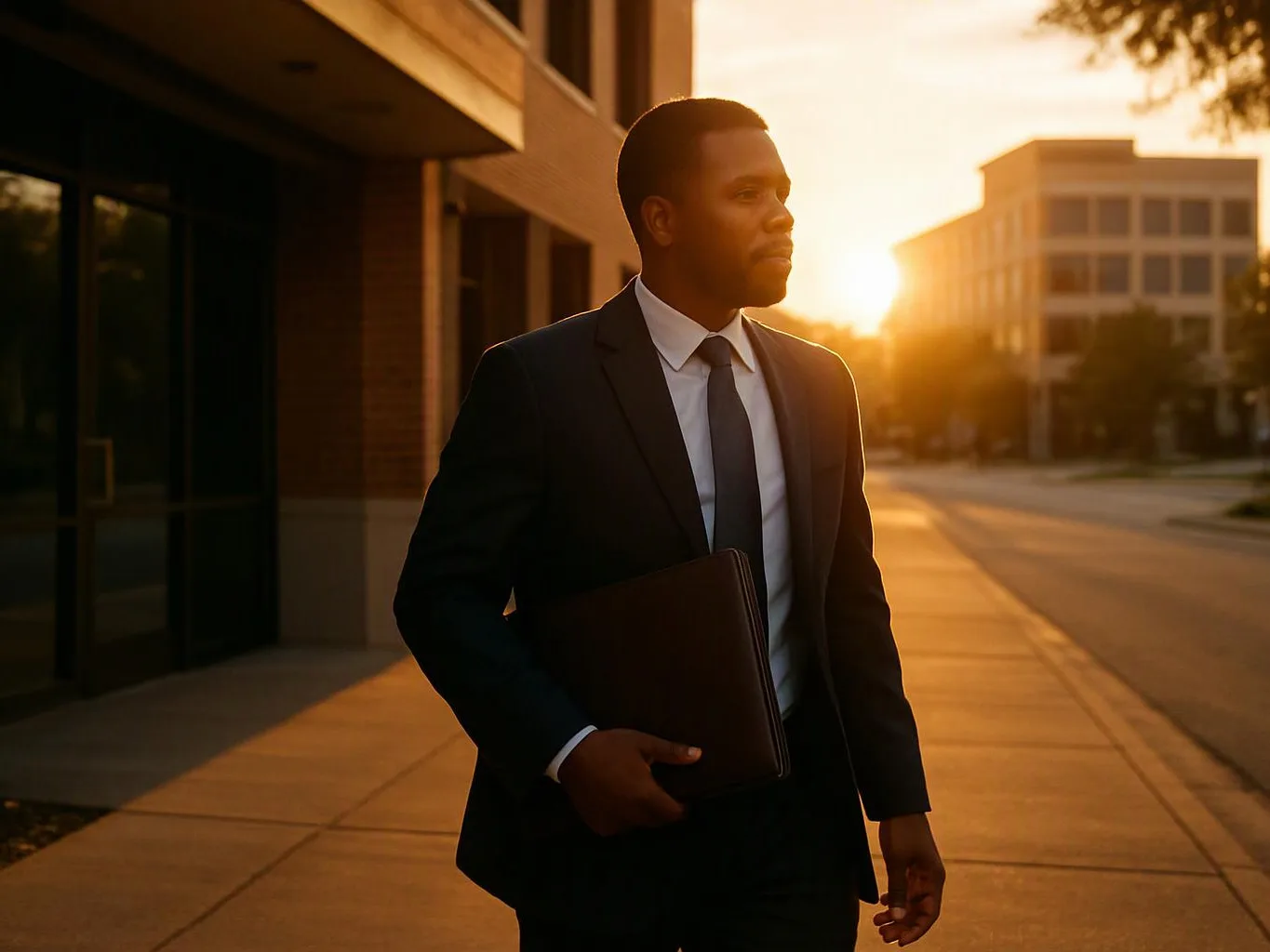 A man in a suit holds a folder while standing on a sunlit city sidewalk at sunset