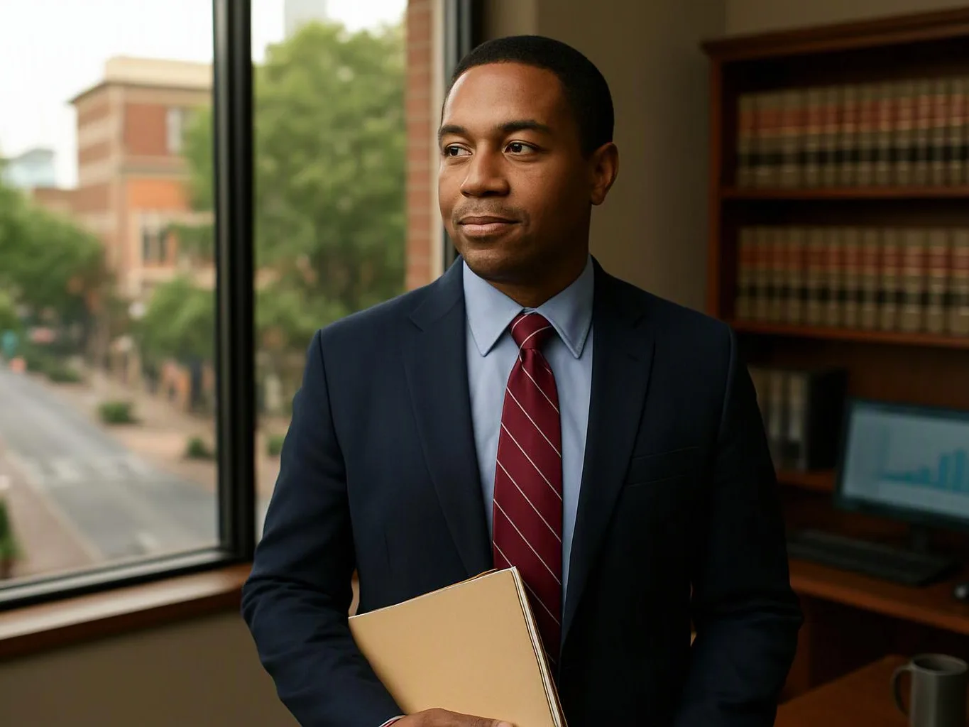 A man in a suit holds a folder by a window in an office with bookshelves and a laptop