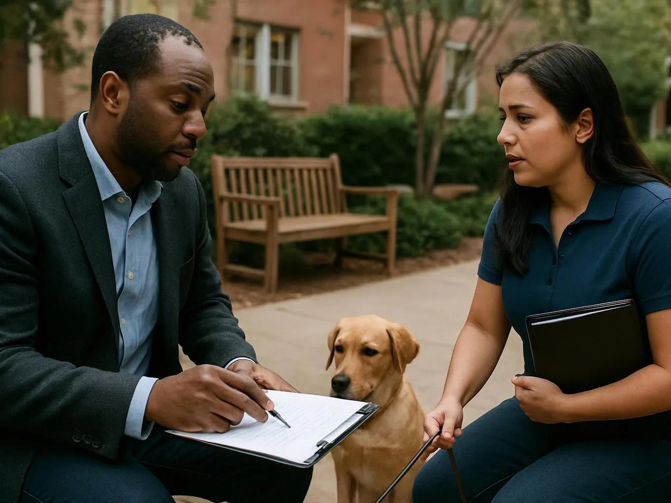 A man writes on a clipboard while a woman holds a folder and a dog sits between them on a sidewalk