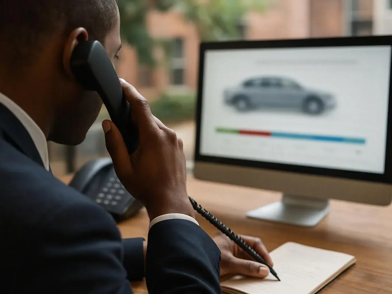 A man in a suit holds a phone and writes in a notebook beside a computer showing a car image