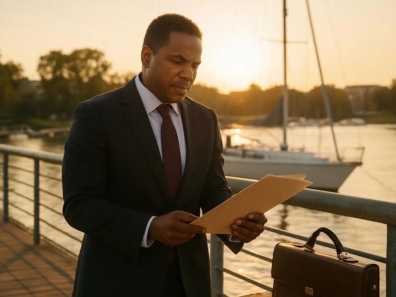 A man in a suit reads a folder beside a railing, with a sailboat on calm water at sunset