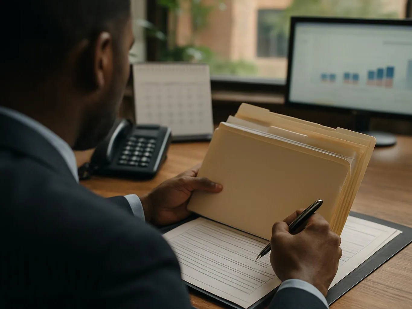 A man in a suit reviews folders and writes on a form at his desk with a computer monitor nearby