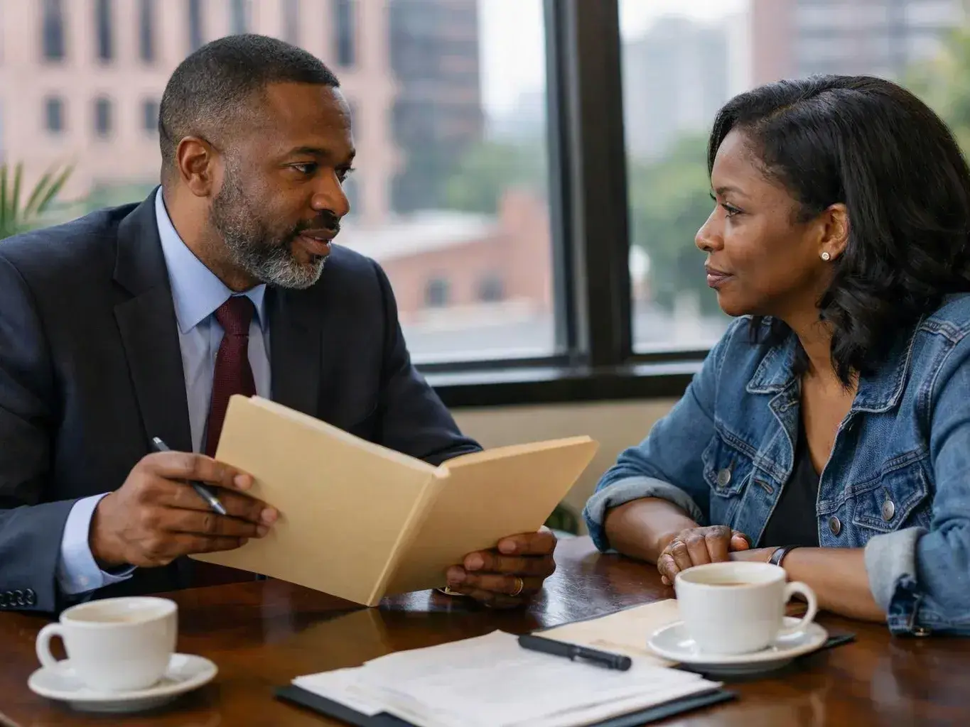 A man in a suit shows a folder to a woman across a café table with coffee and papers