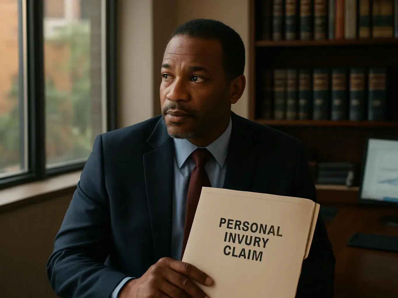 A man in a suit sits in an office holding a folder labeled "PERSONAL INJURY CLAIM"