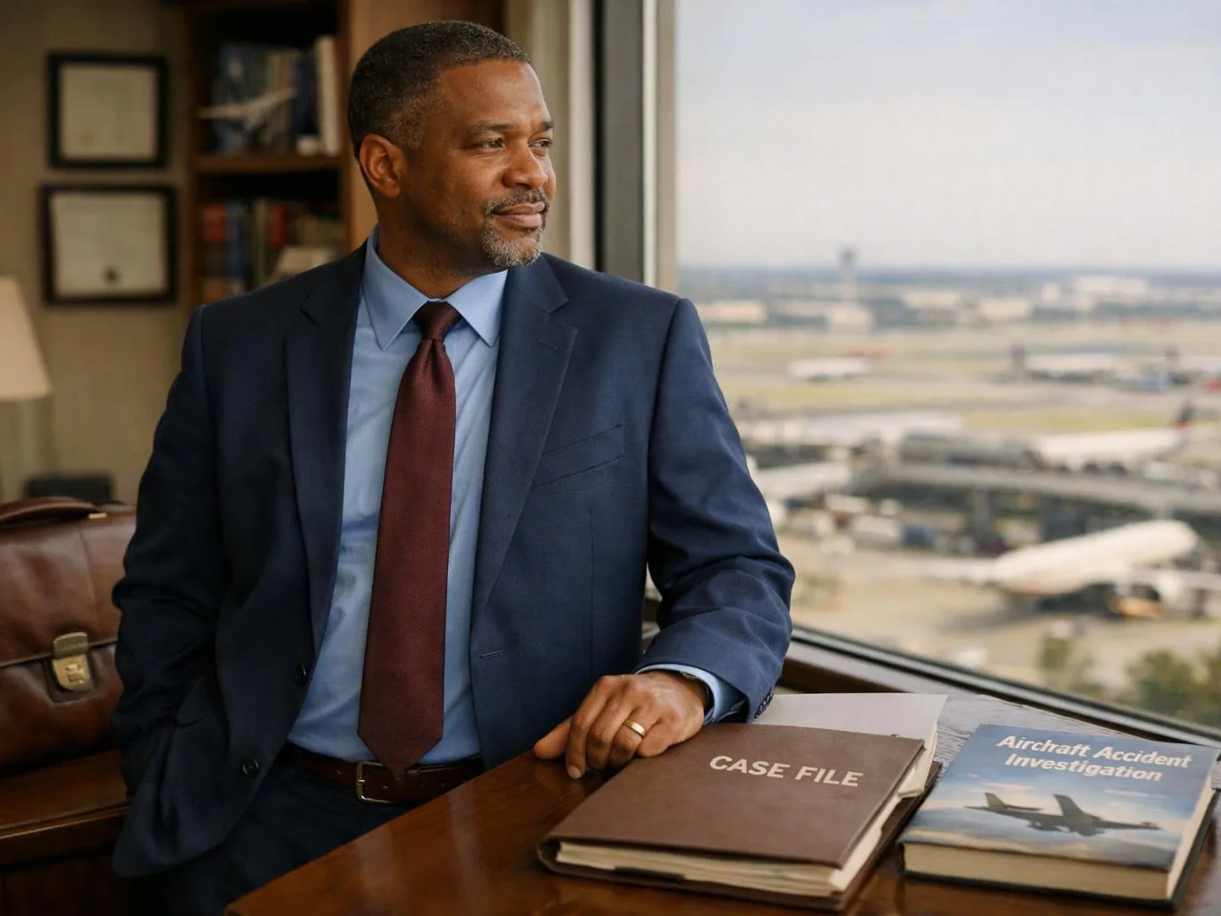 A man in a suit sits by a window, with case files and an airport view behind him