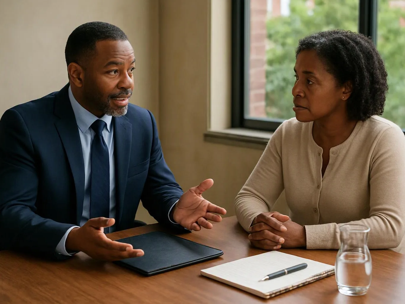 A man in a suit speaks across a table to a woman, with a notebook and water glass nearby
