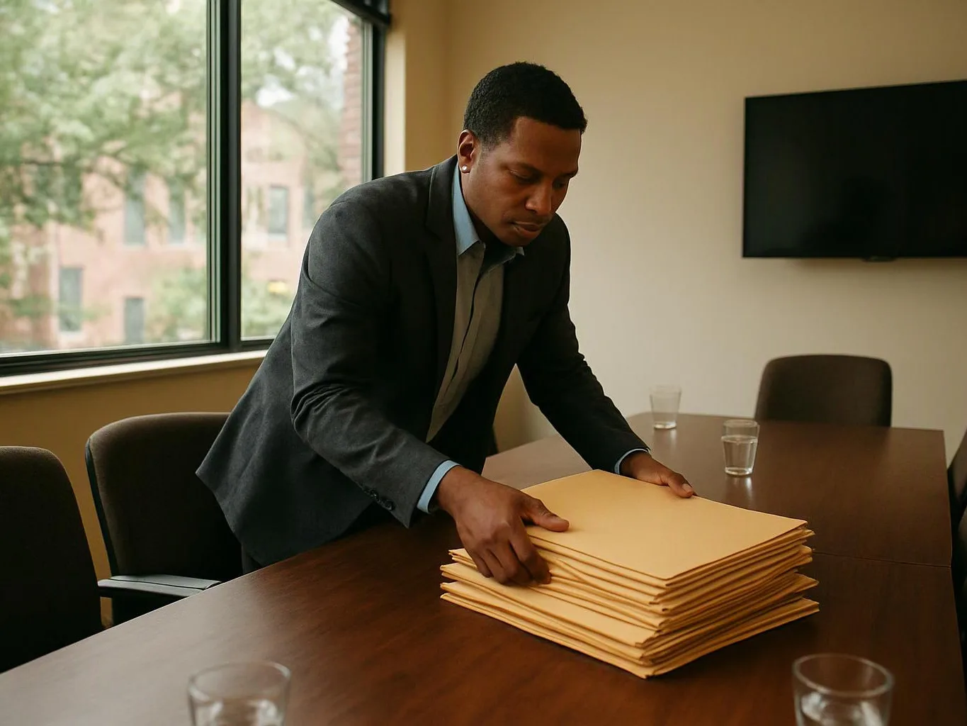 A man in a suit stacks manila folders on a conference table beside empty glasses and a wall screen