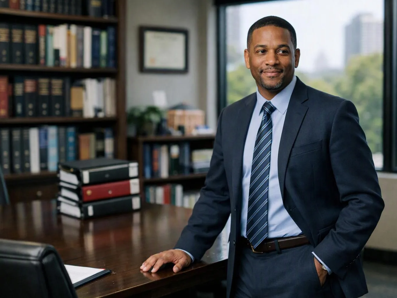 A man in a suit stands beside a desk in a book-lined office with a large window