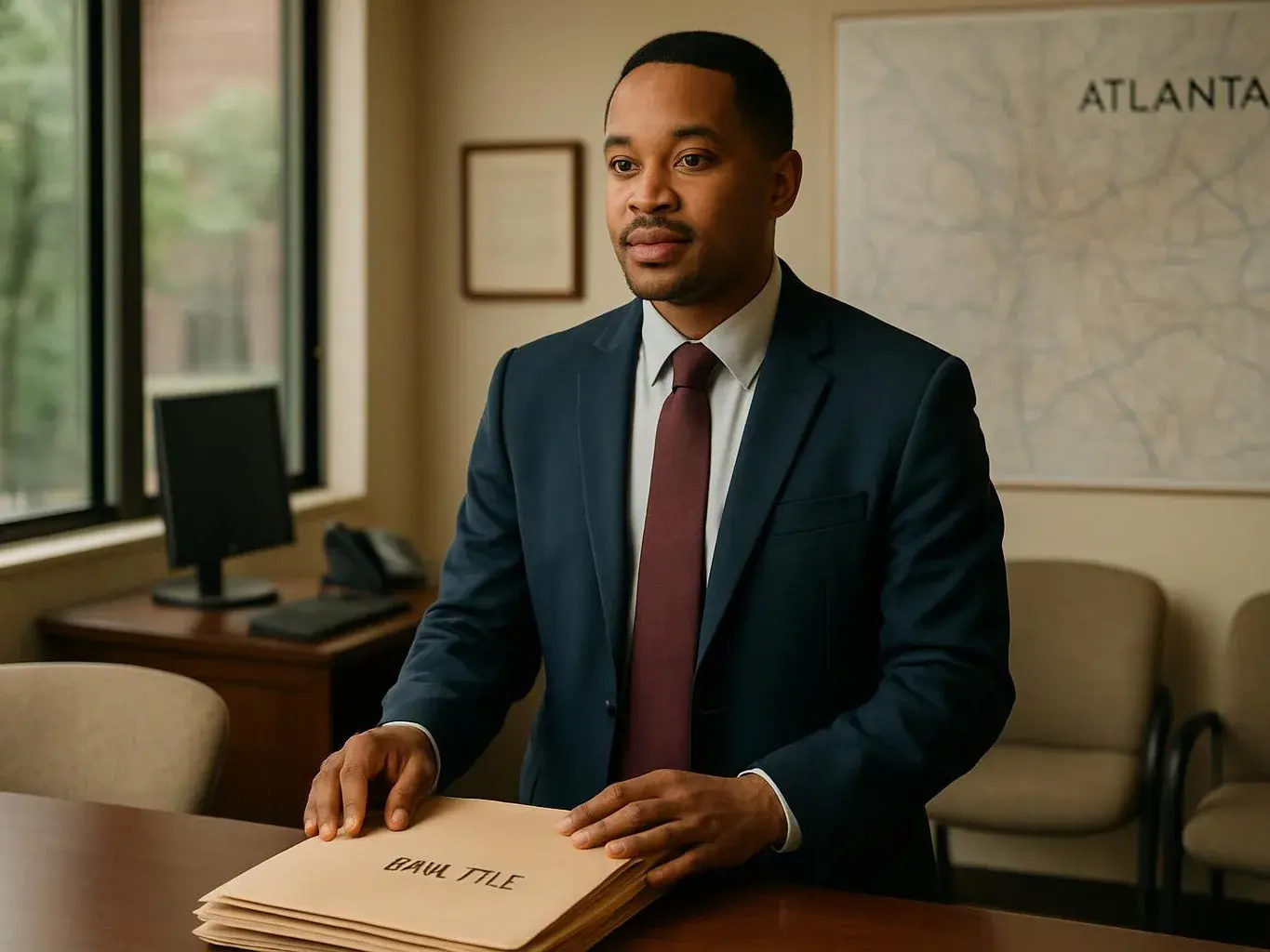 A man in a suit stands at a conference table, holding a folder in a small office with a wall map