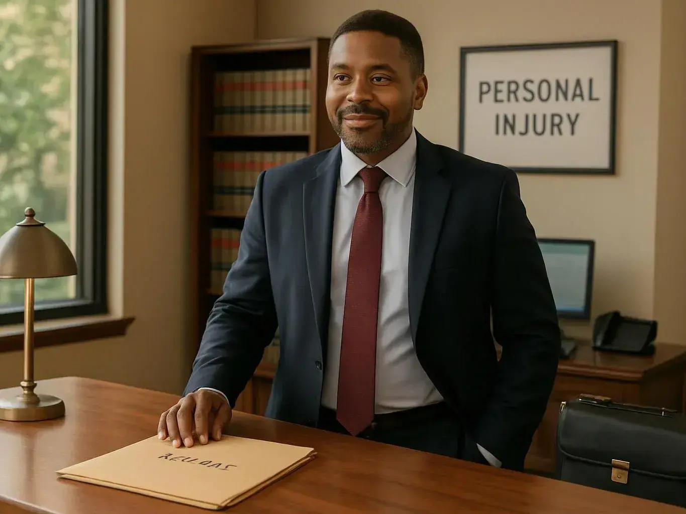 A man in a suit stands in an office beside a desk, with a folder and a “PERSONAL INJURY” sign behind him