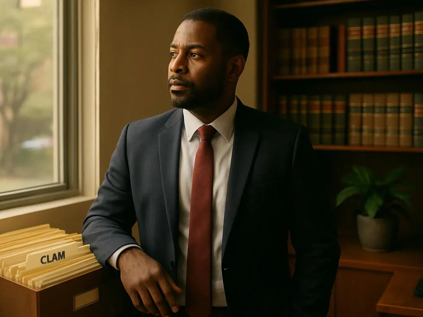 A man in a suit stands by a window and file box in a book-lined office